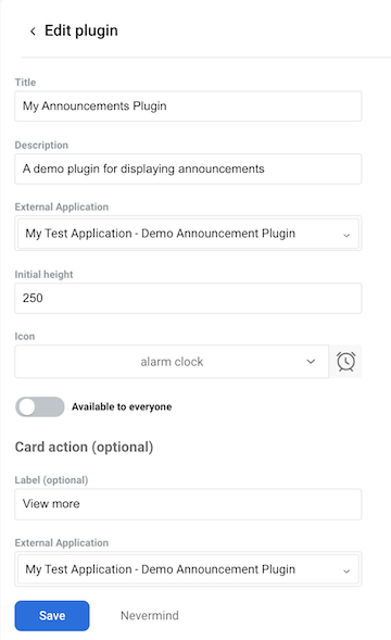 Configure dashboard app details